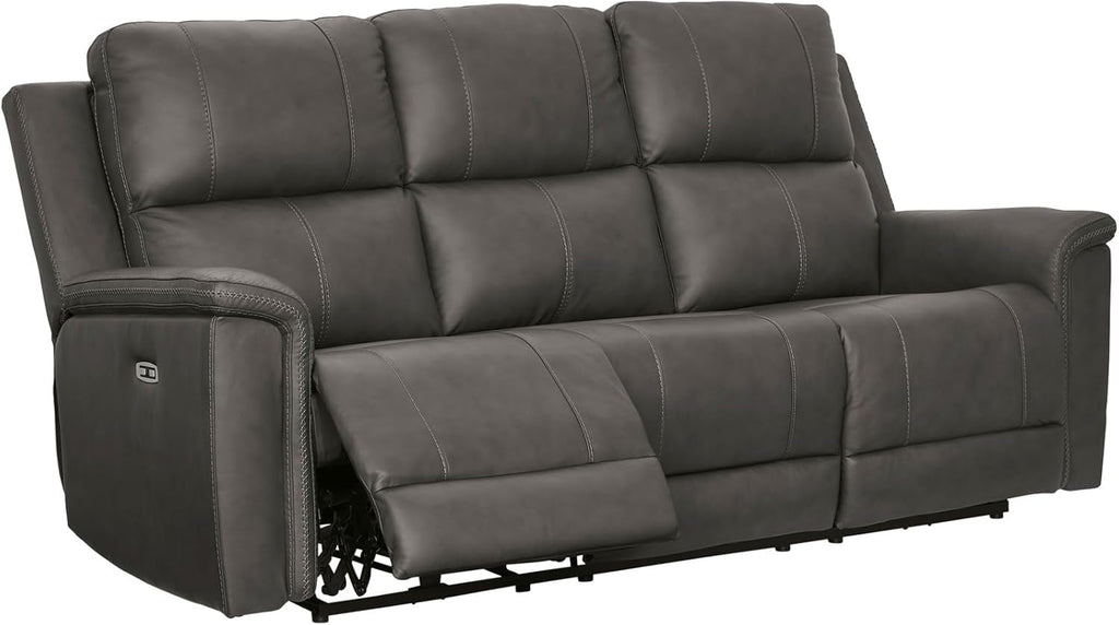 Gray Leather Adjustable Headrest Power Reclining Sofa