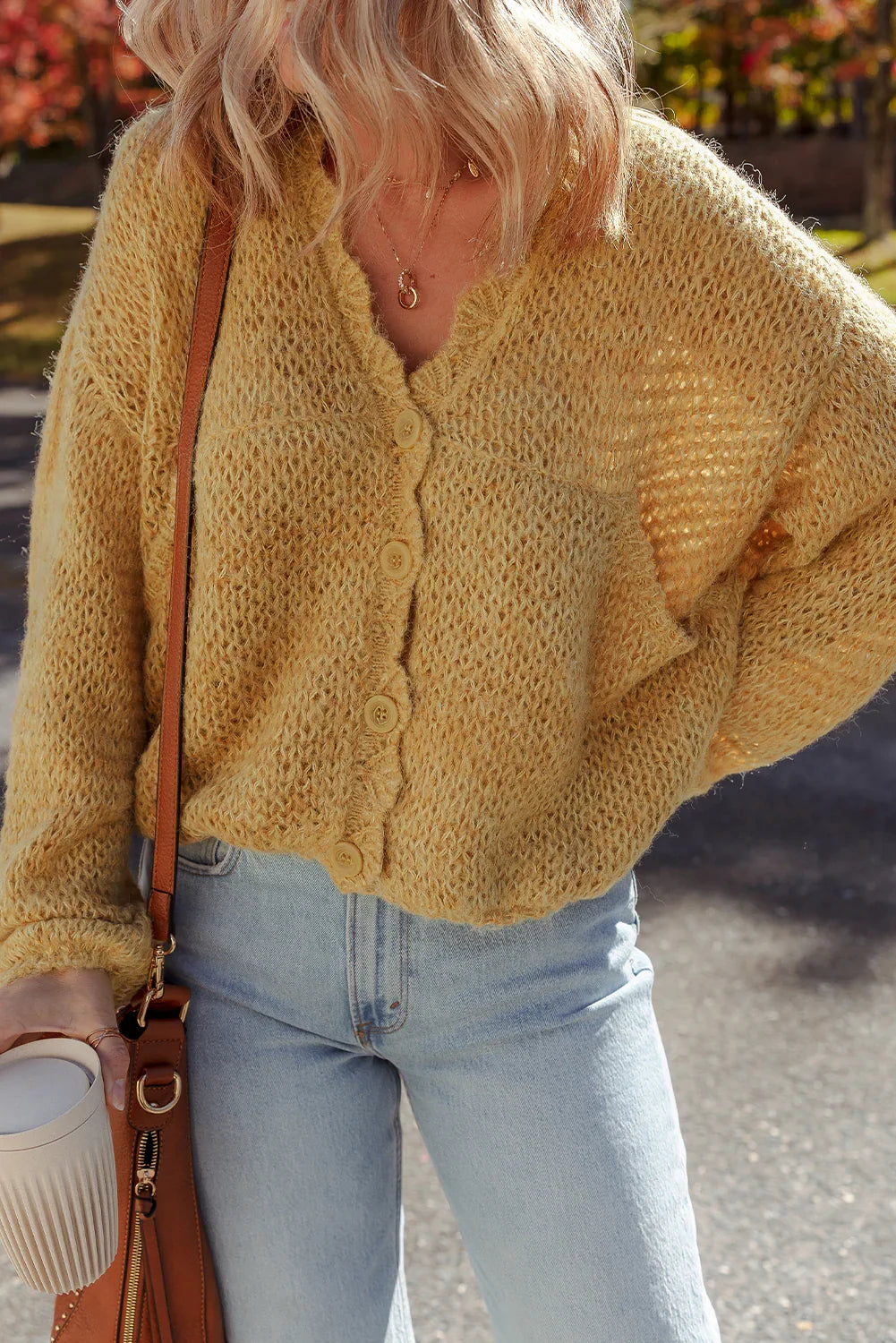 Light French Beige Lantern Sleeve Scallop V Neck Buttoned Front Cardigan