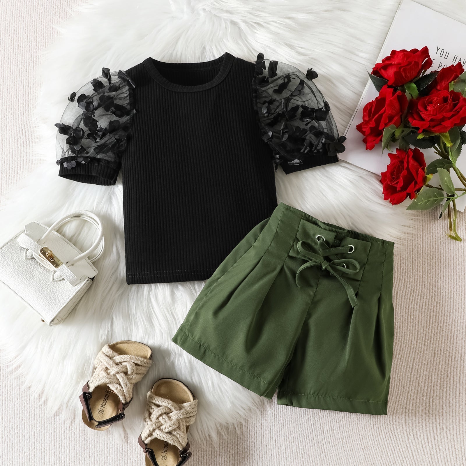 Summer Mesh Three-dimensional Petals Short Sleeve Shorts For Girls Suit