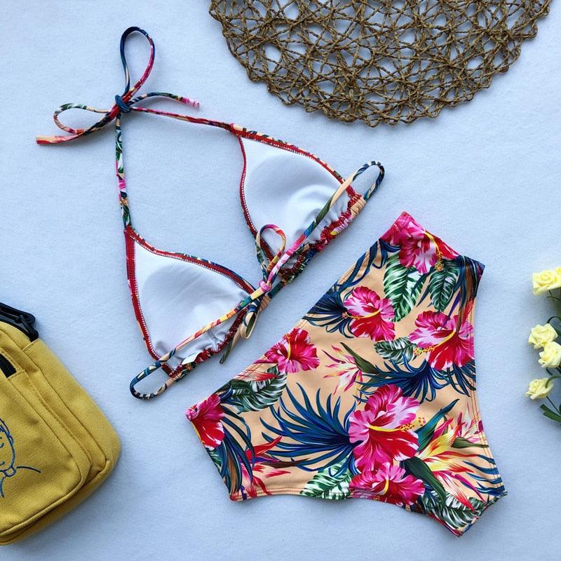 Beautiful Multicolored Women High Waist Bikini Swimwear Women Halter Push Up Bikini Set Swimsuit Women's Flower Print Bikini High Waist Beach Swimsuits Sporty Two Piece Bathing Suit Female Beach Wear Bathing Suit