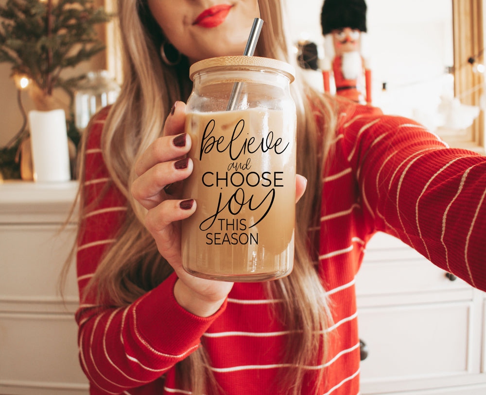 17oz Glass Tumbler With Bamboo Lid, 2 Steel Straws And Cleaner - Believe Joy