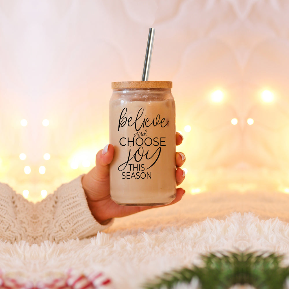 17oz Glass Tumbler With Bamboo Lid, 2 Steel Straws And Cleaner - Believe Joy