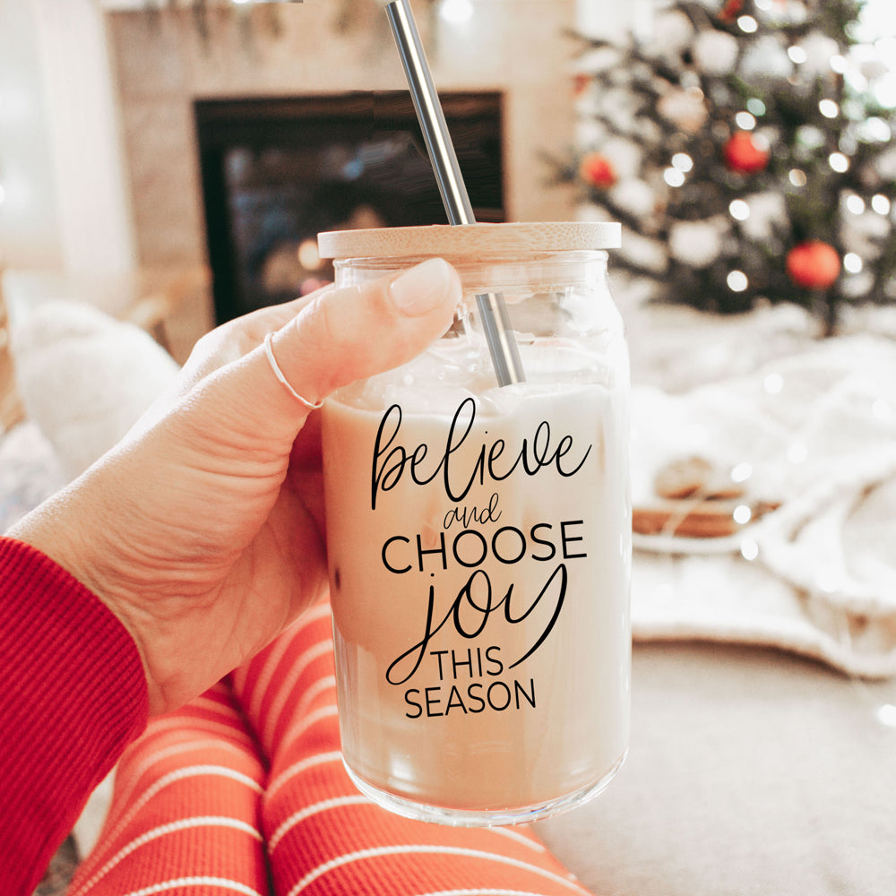 17oz Glass Tumbler With Bamboo Lid, 2 Steel Straws And Cleaner - Believe Joy