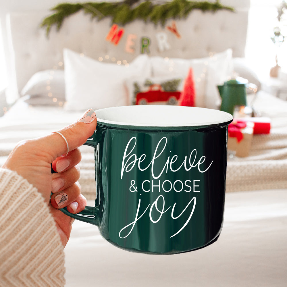 Believe And Joy Ceramic Campfire Mug 14.5oz Red Green Double-Sided White Text