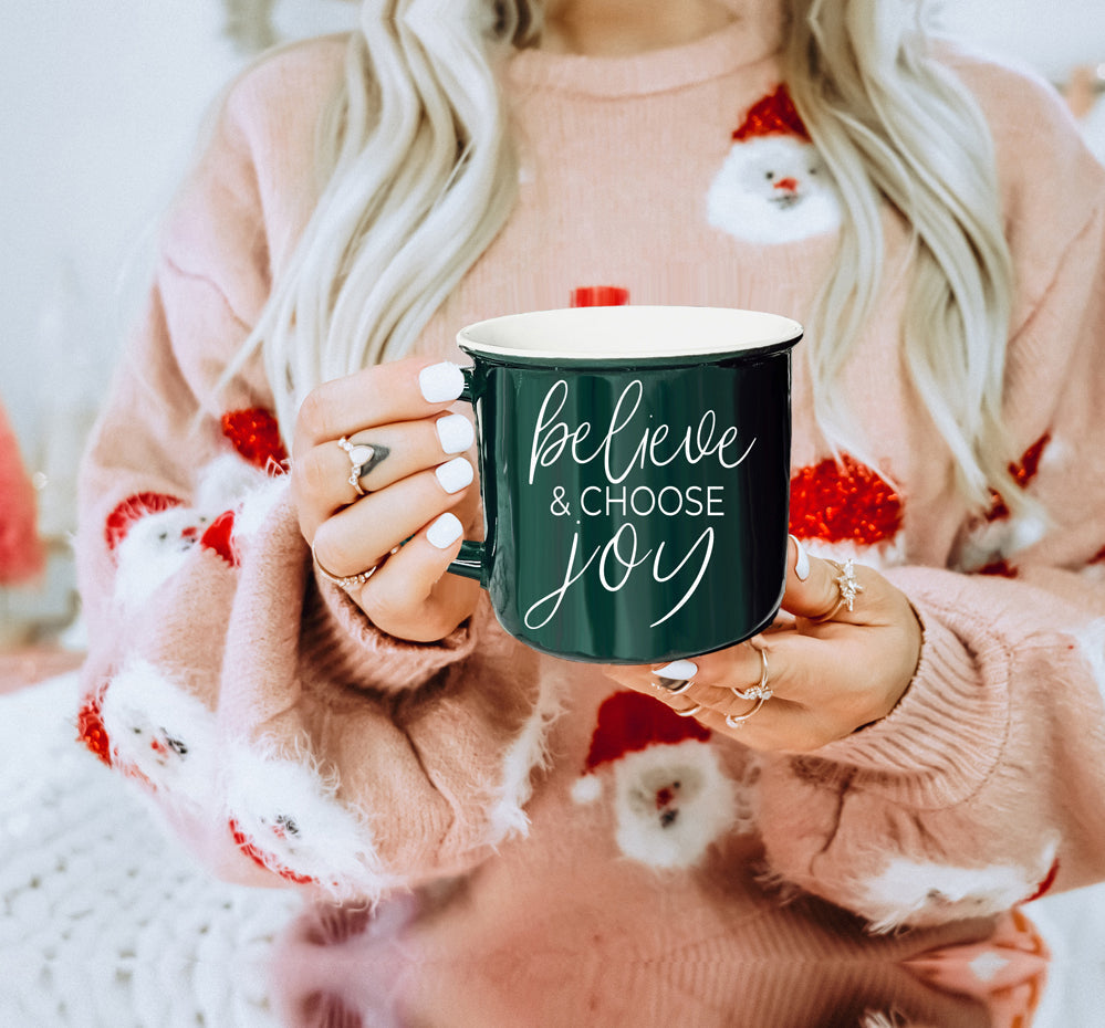 Believe And Joy Ceramic Campfire Mug 14.5oz Red Green Double-Sided White Text