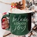 Believe And Joy Ceramic Campfire Mug 14.5oz Red Green Double-Sided White Text
