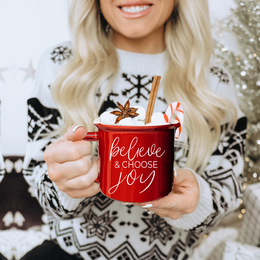 Believe And Joy Ceramic Campfire Mug 14.5oz Red Green Double-Sided White Text