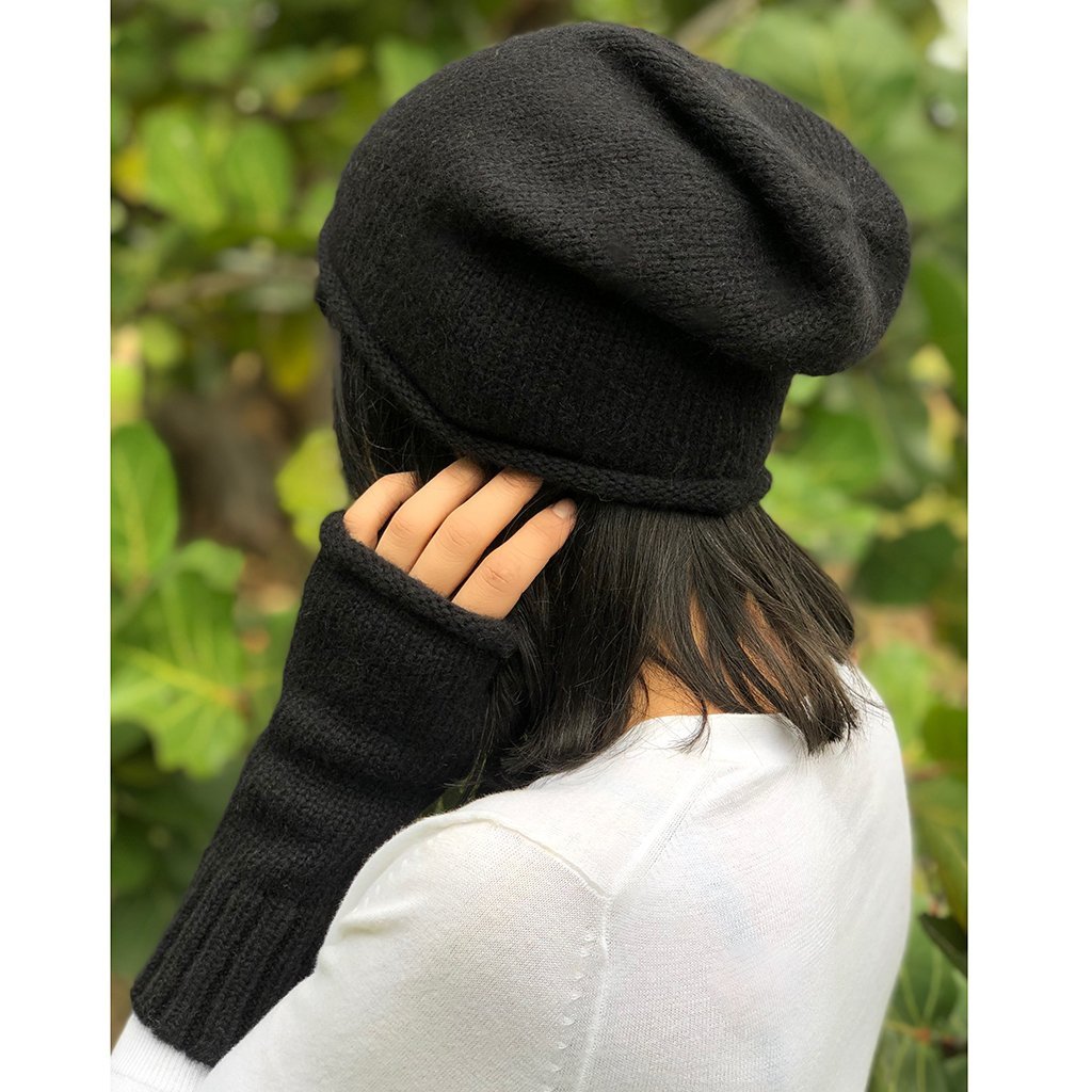 Black Alpaca Fingerless Gloves Long Ribbed Cuff Warm Wrist Sleeve