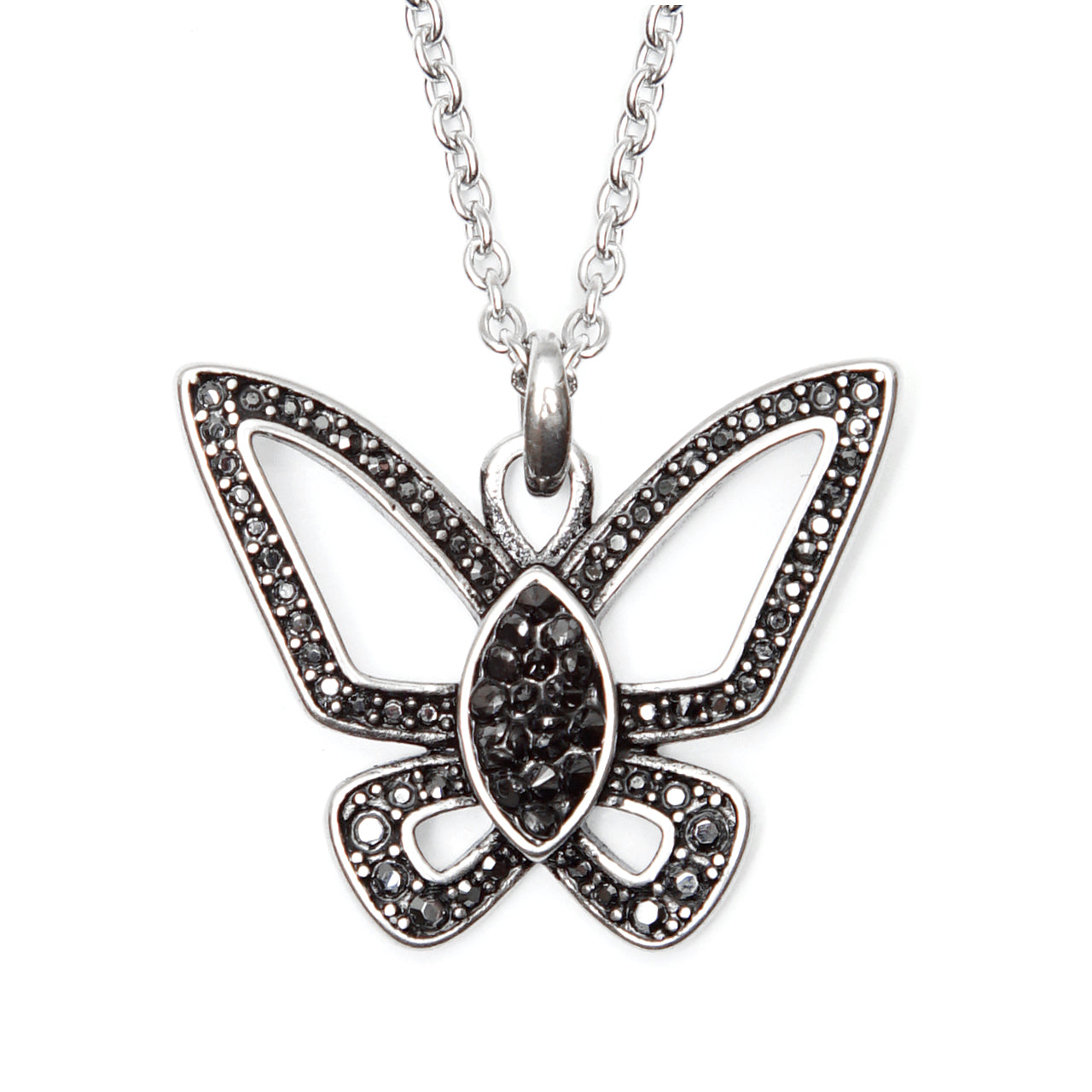 Black Butterfly Necklace With Crystal Accent Pendant