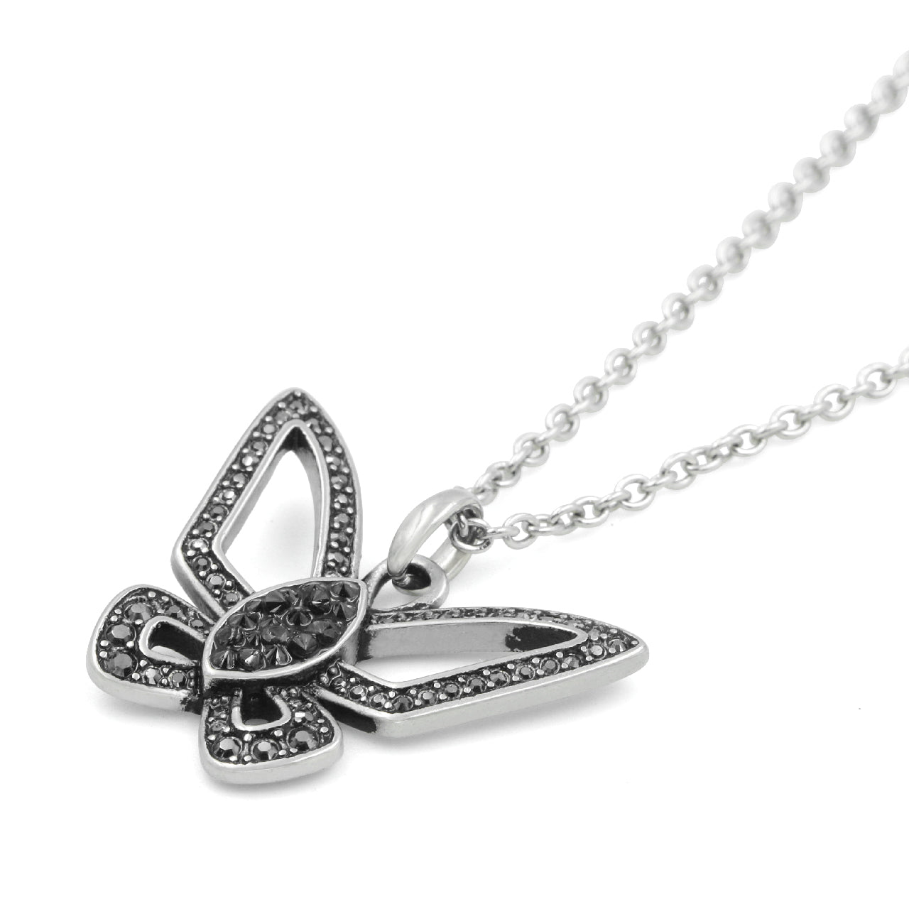Black Butterfly Necklace With Crystal Accent Pendant