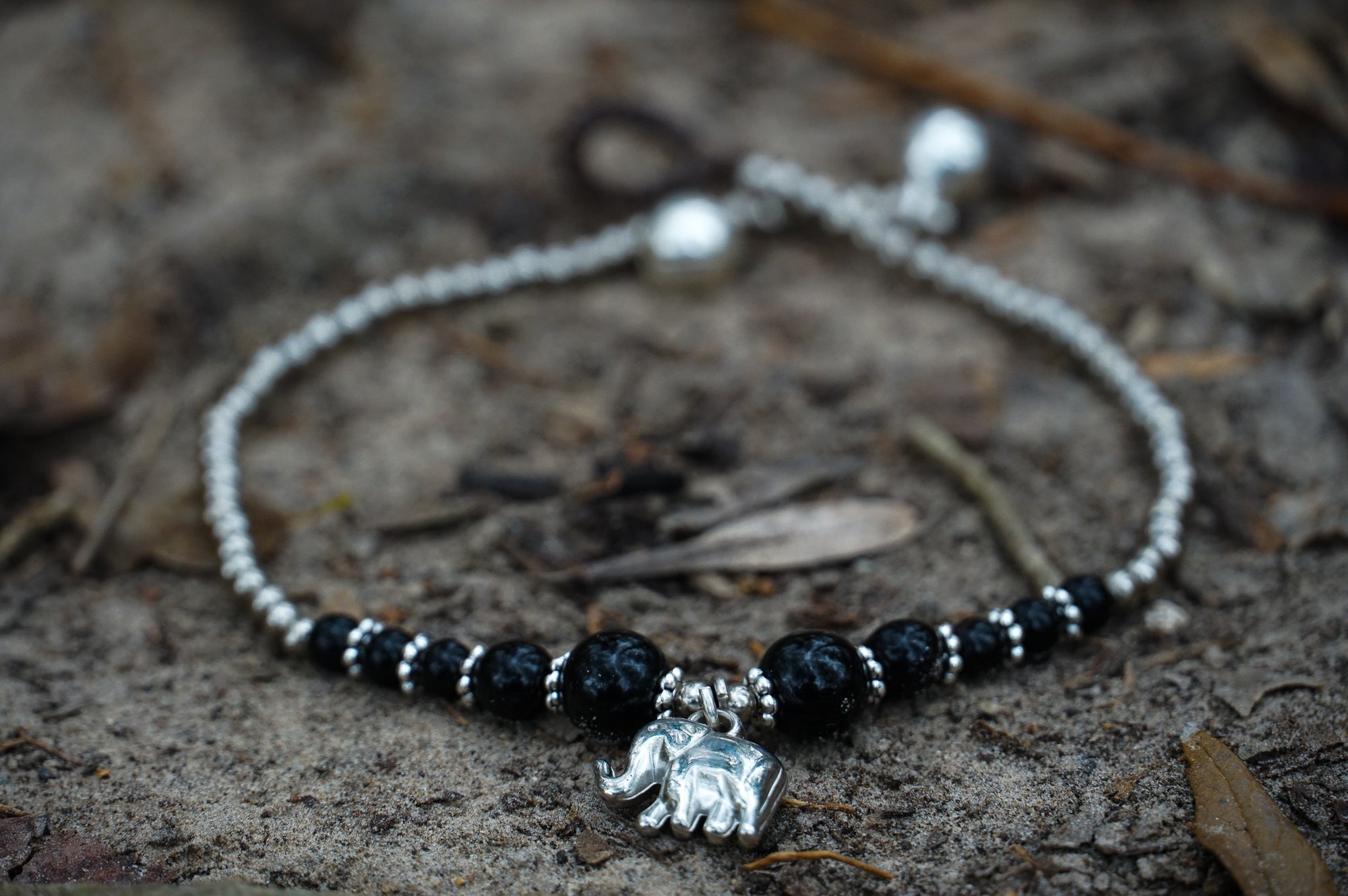 Black Elephant Silver Beaded Boho Charm Anklet For Women