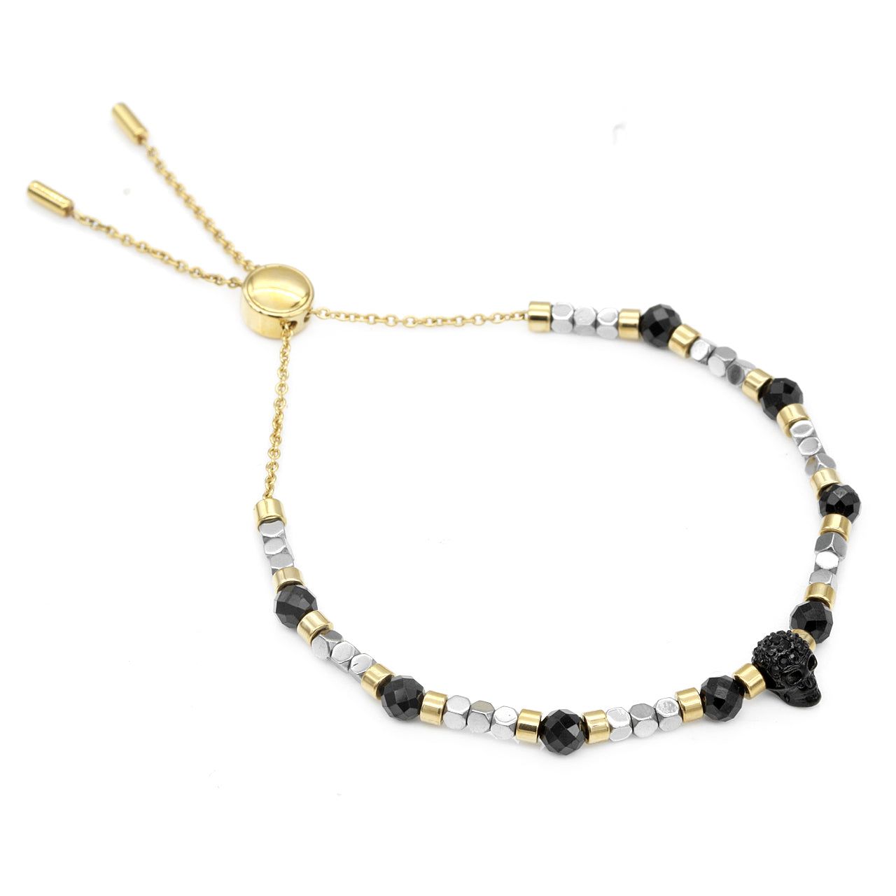 Black Spinel Skull Bracelet Gold Plated Adjustable Beaded