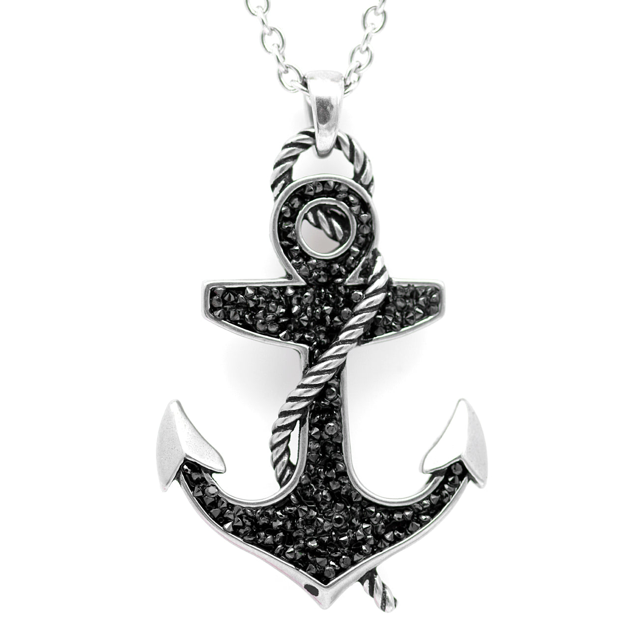 Black Stone Anchor Pendant Necklace With Rope Chain