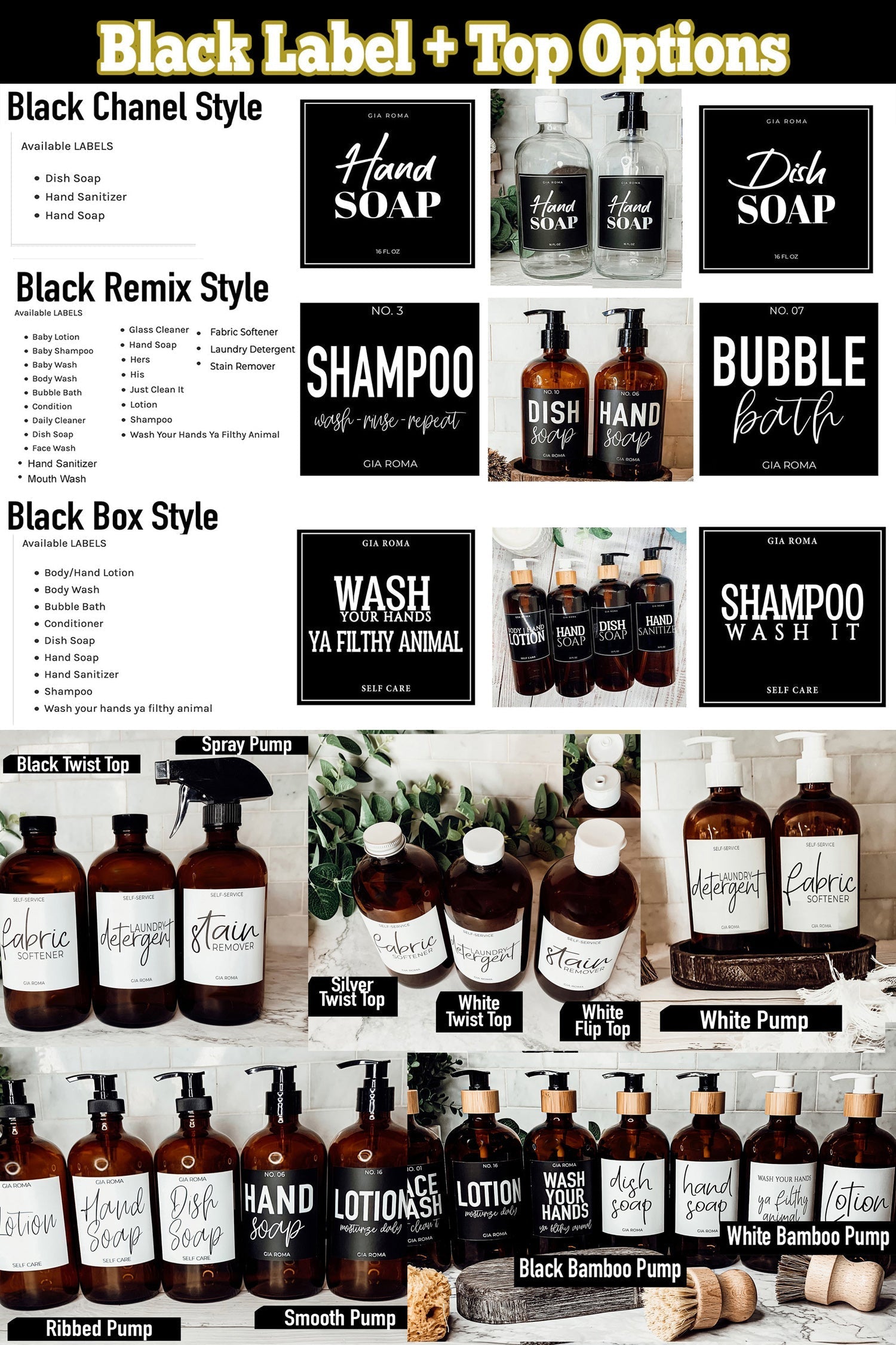 16oz Amber Glass Boston Round Soap Refill Bottle Black Label Set