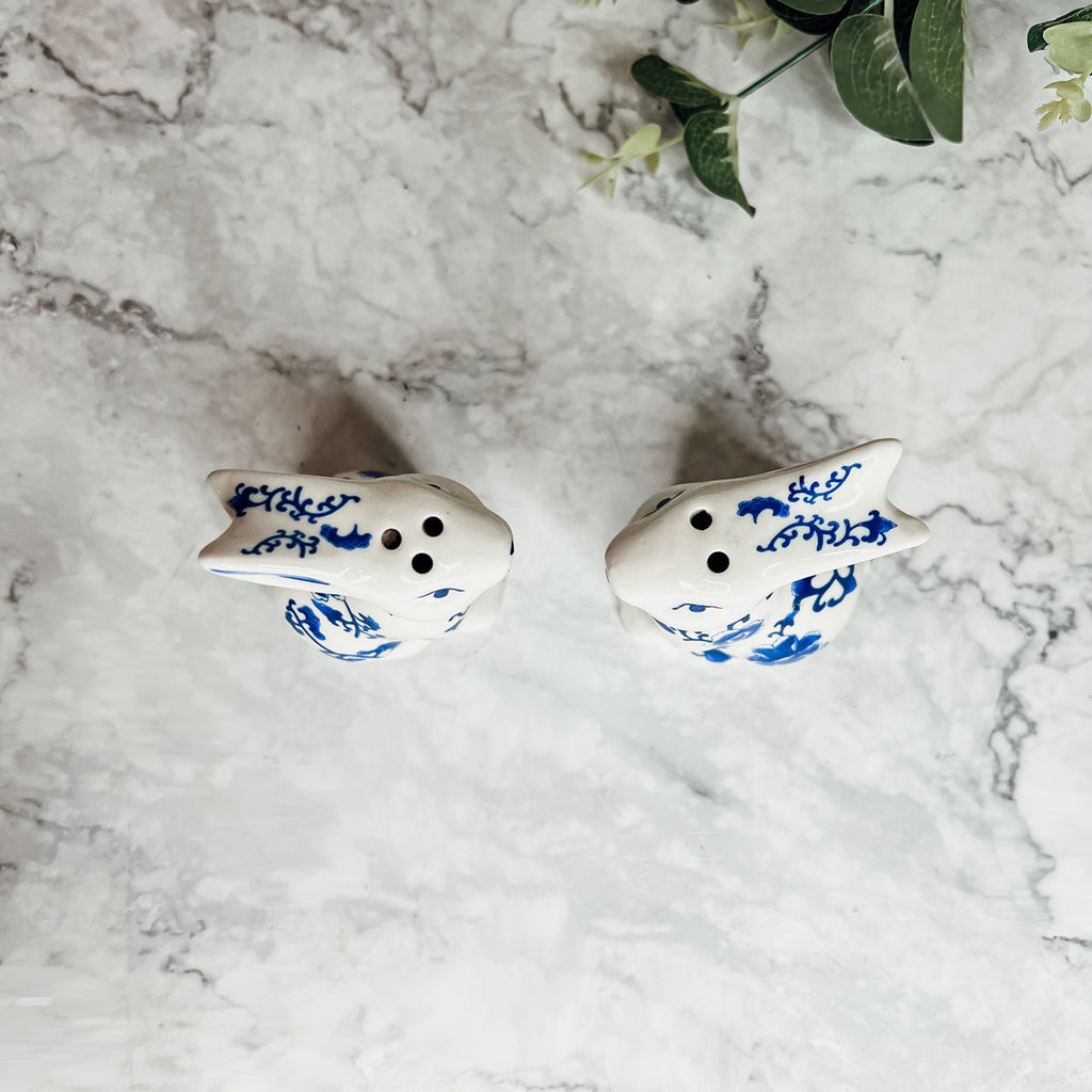 Blue Bunny Porcelain Salt and Pepper Shakers Hand-Painted Easter Spring Decor