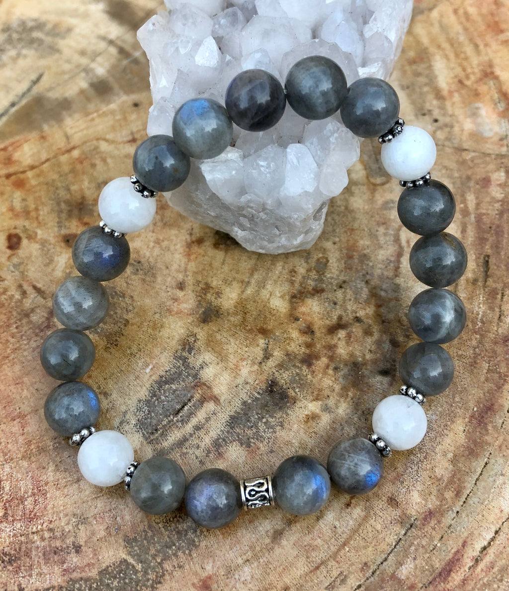 Blue Flash Labradorite Rainbow Moonstone Stretch Bracelet