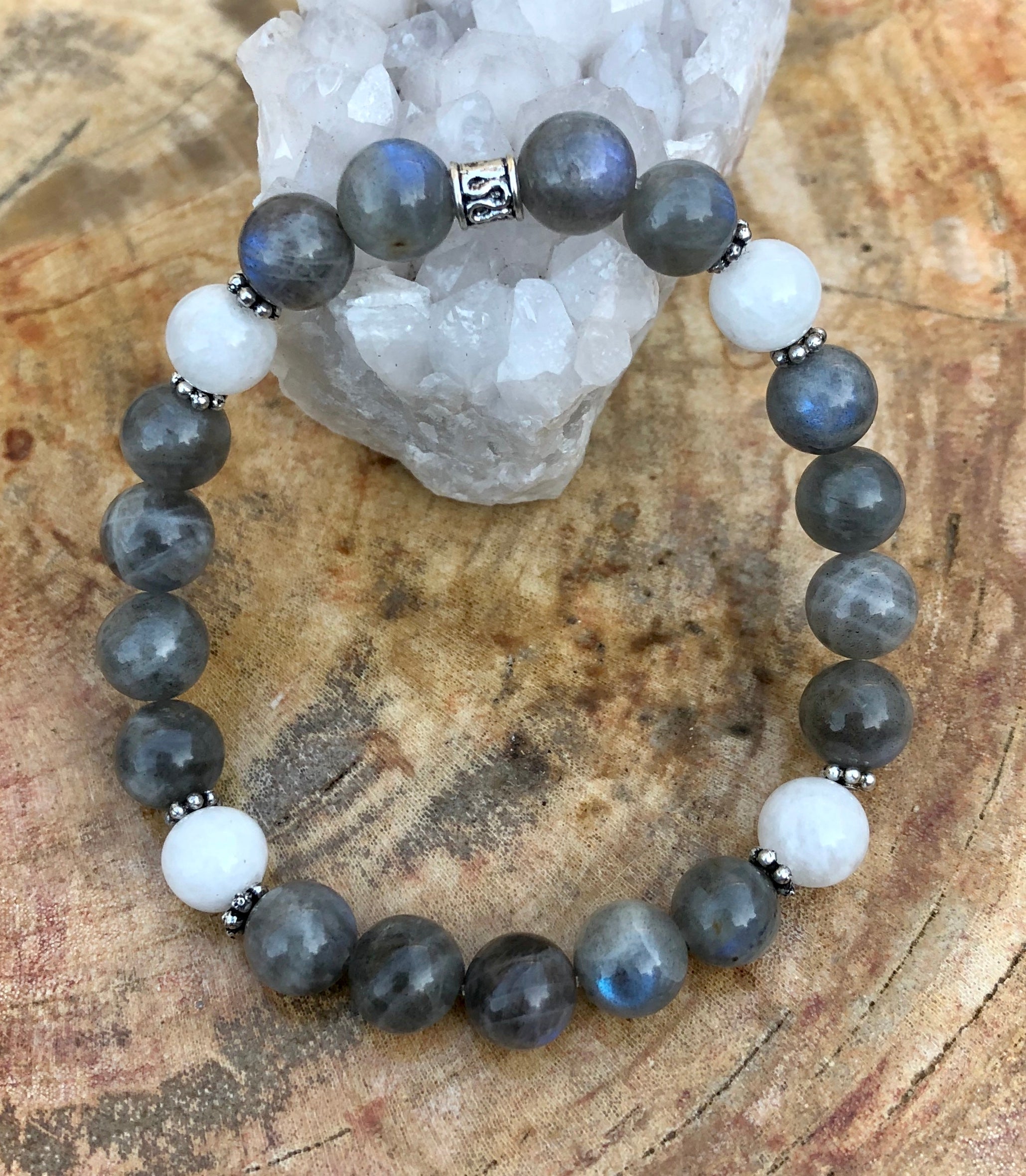 Blue Flash Labradorite Rainbow Moonstone Stretch Bracelet