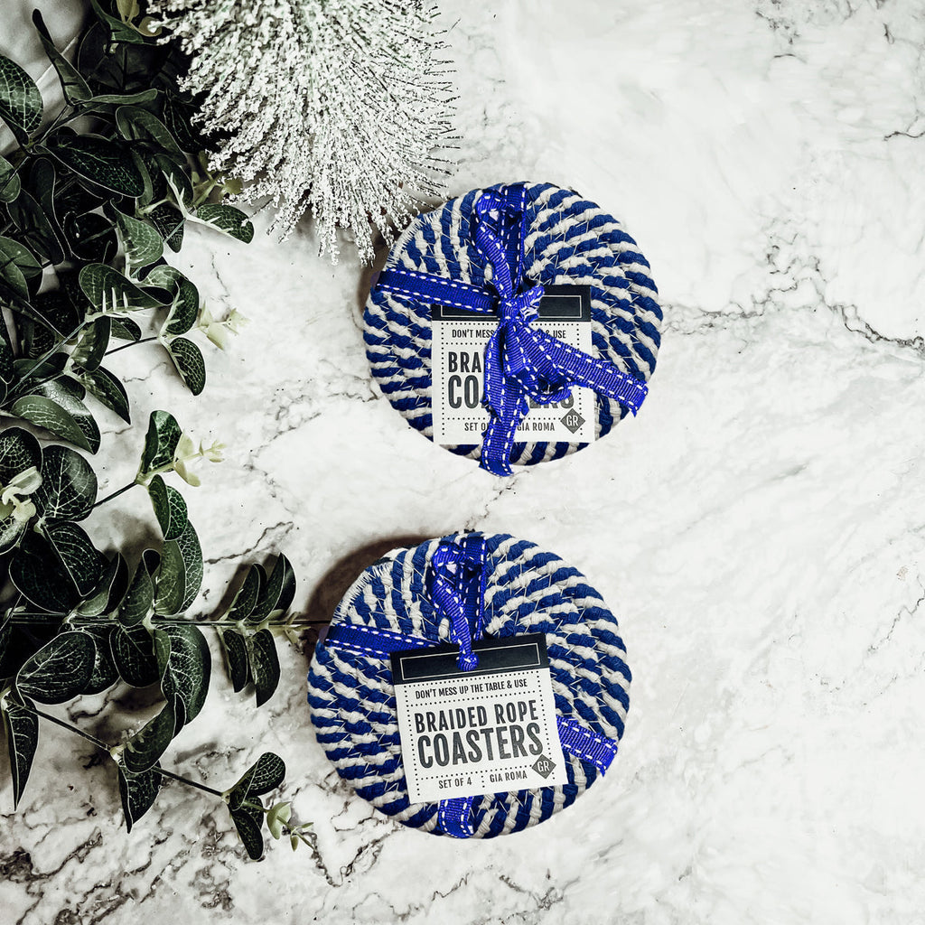 Blue Braided Holiday Coaster Set 4 Pack Candy Cane Stripe Table Protectors Absorbent Drink Mats