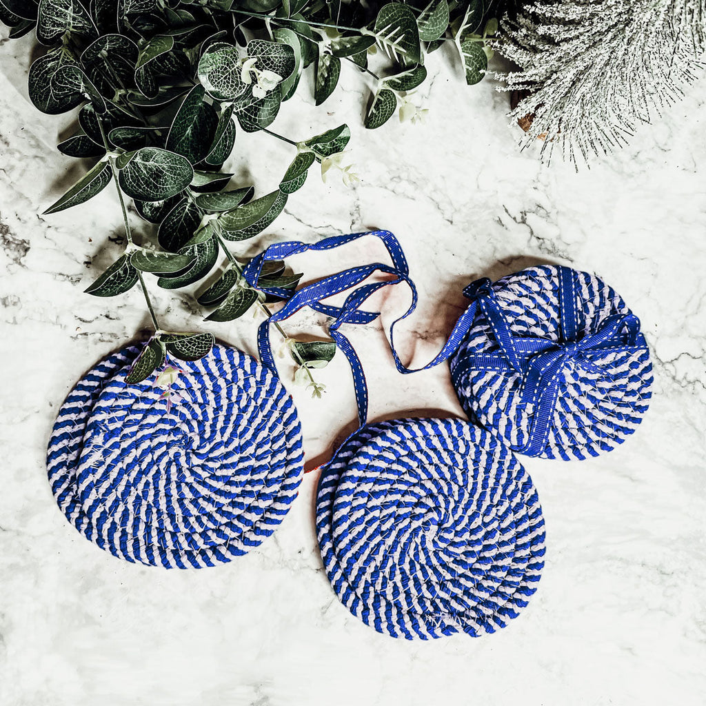 Blue Braided Holiday Coaster Set 4 Pack Candy Cane Stripe Table Protectors Absorbent Drink Mats