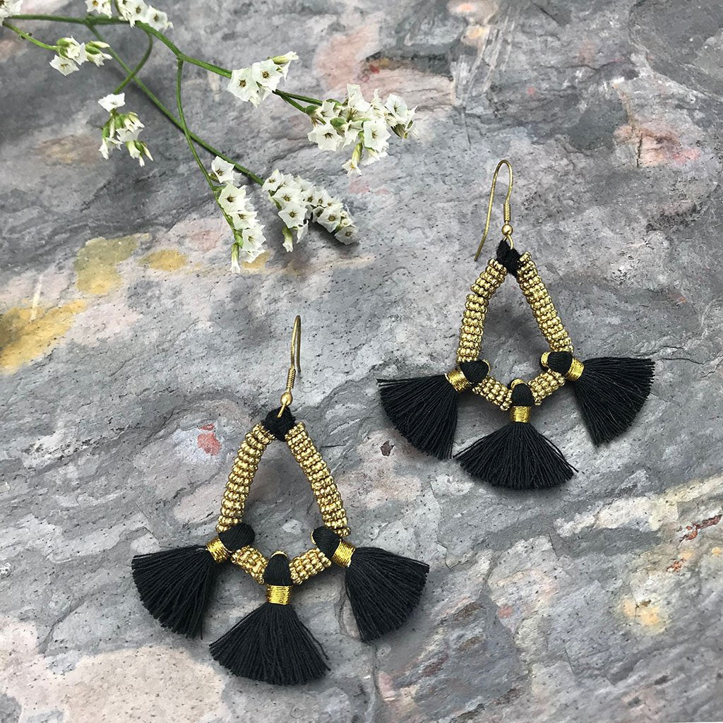 Tassel Fringe Earrings Boho Indian Cotton Tassels Handmade 3 Colors