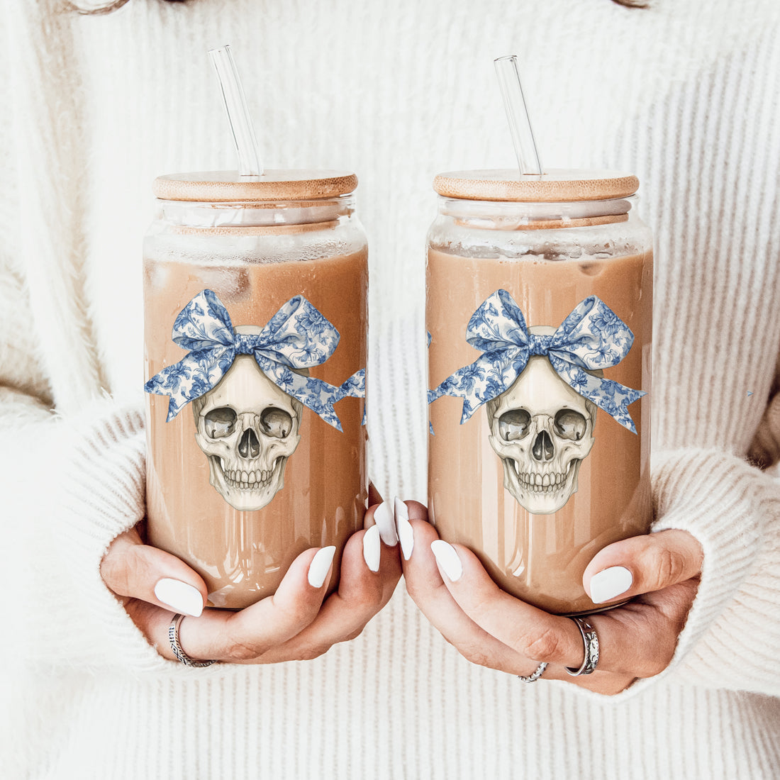 Bow Skull 20oz Insulated Glass Tumbler With Bamboo Lid And Stainless Straws