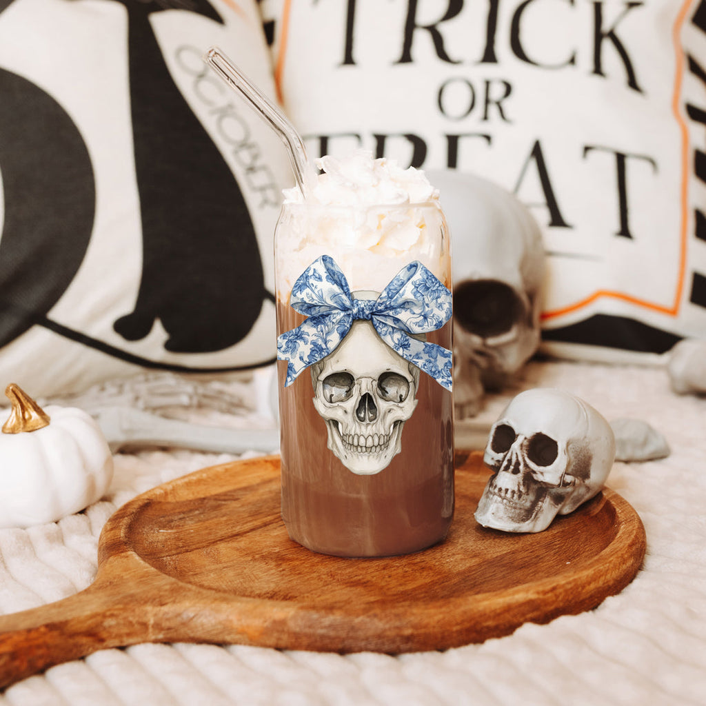 Bow Skull 20oz Insulated Glass Tumbler With Bamboo Lid And Stainless Straws