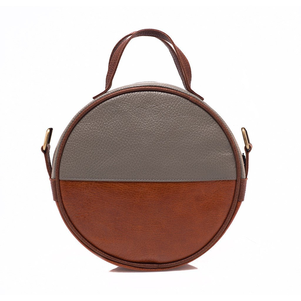 Brown Eco Leather Moon Bag Crossbody Clutch Retro Gray Accent Handwoven Lined