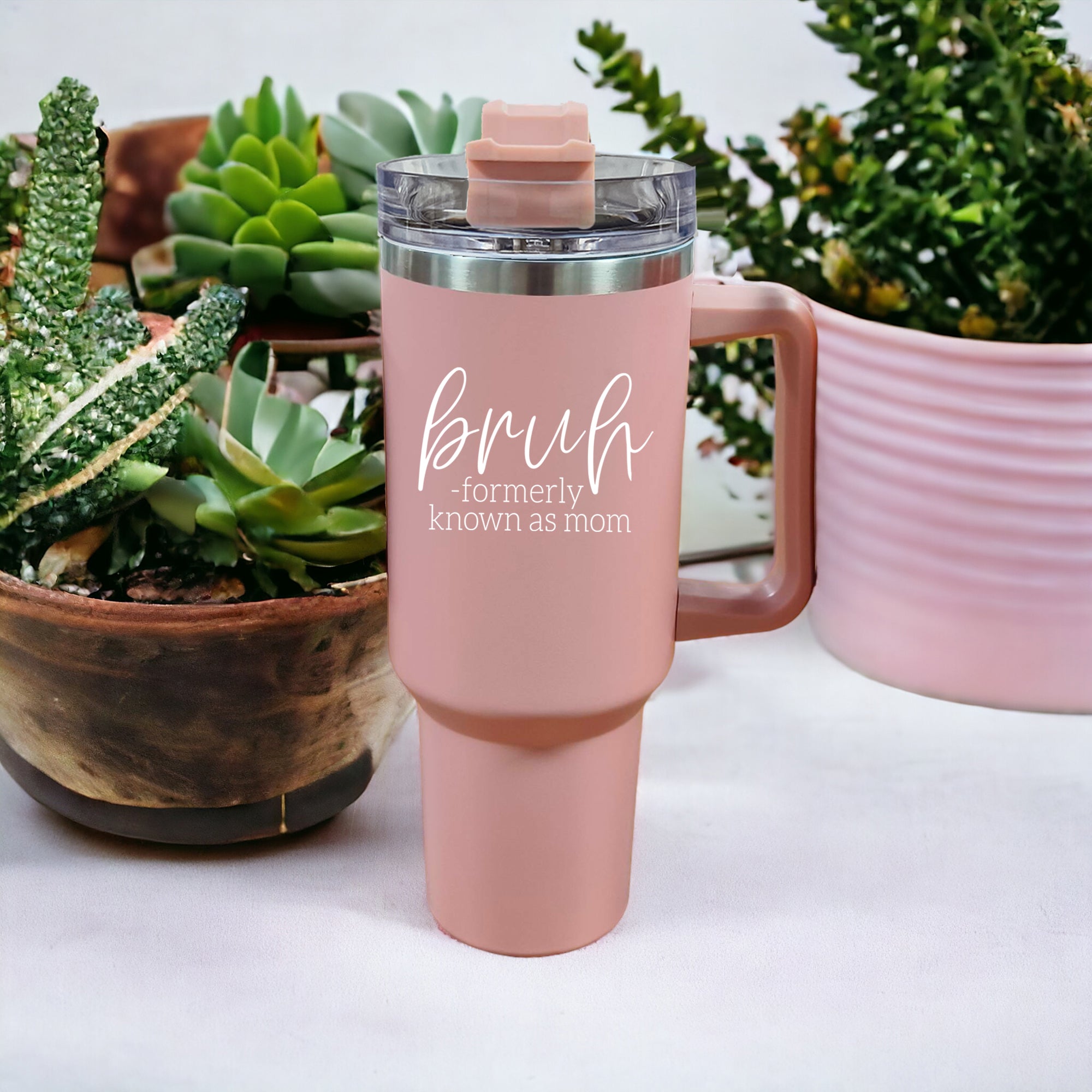 40oz Pink Insulated Tumbler With Handle, Lid and Straw, Funny Bruh Mom Cup