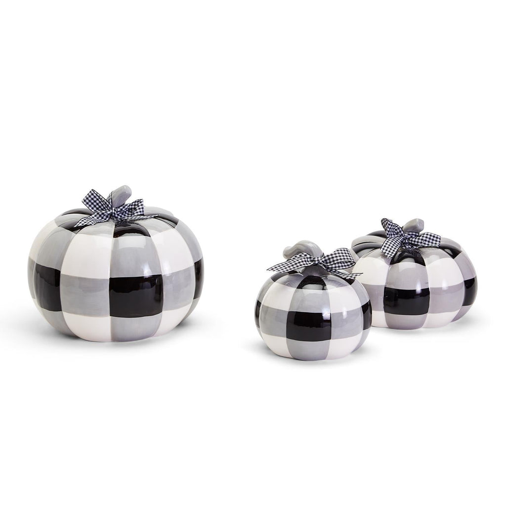 Buffalo Check Pumpkin Hand-Painted Black White Gingham Fall Halloween Decor