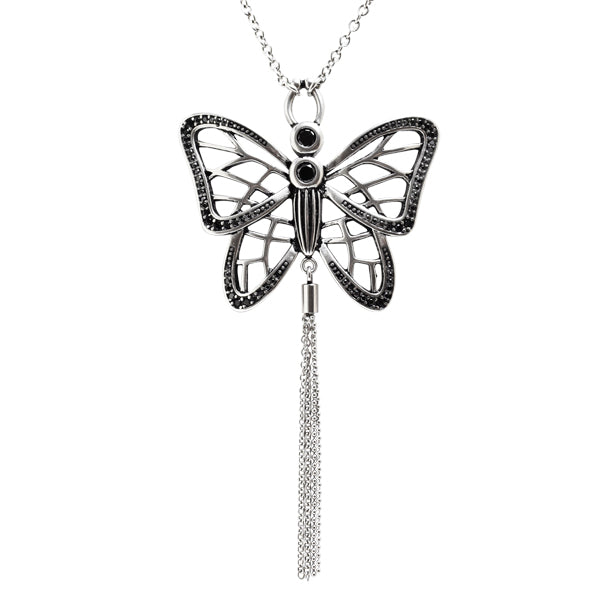 Butterfly Cubic Zirconia Tassel Pendant Necklace Silver