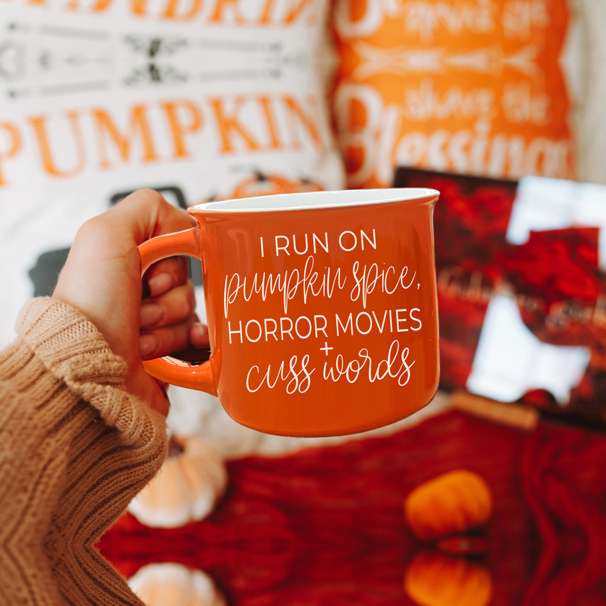 Pumpkin Horror Mug 14.5oz Orange Ceramic Campfire Dual-Sided White Text