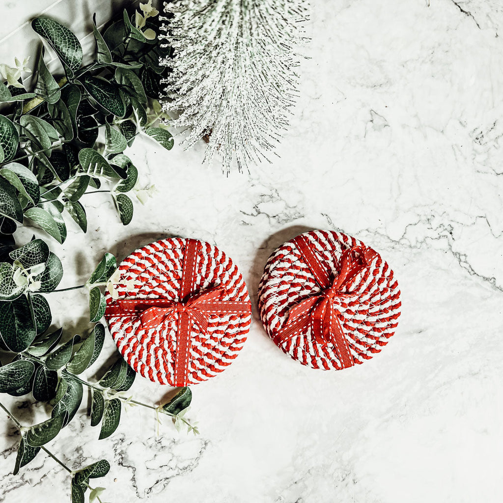 Candy Cane Stripe Braided Cotton Coasters Set Of 4 Holiday Table Protectors