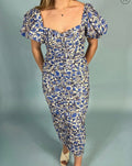 Mable Blue Floral Puff Sleeve Midi Dress Size M