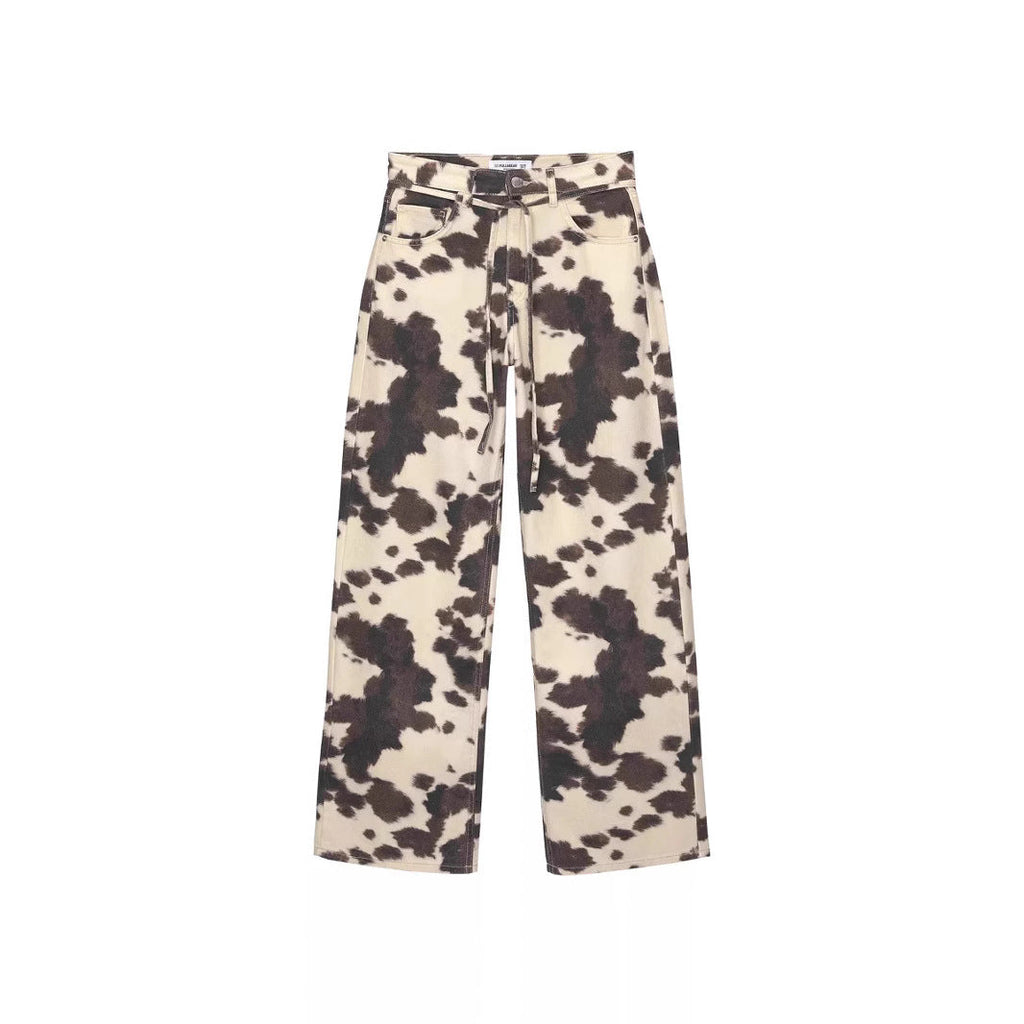 Womens Retro Washed Denim Jeans With Cow Print