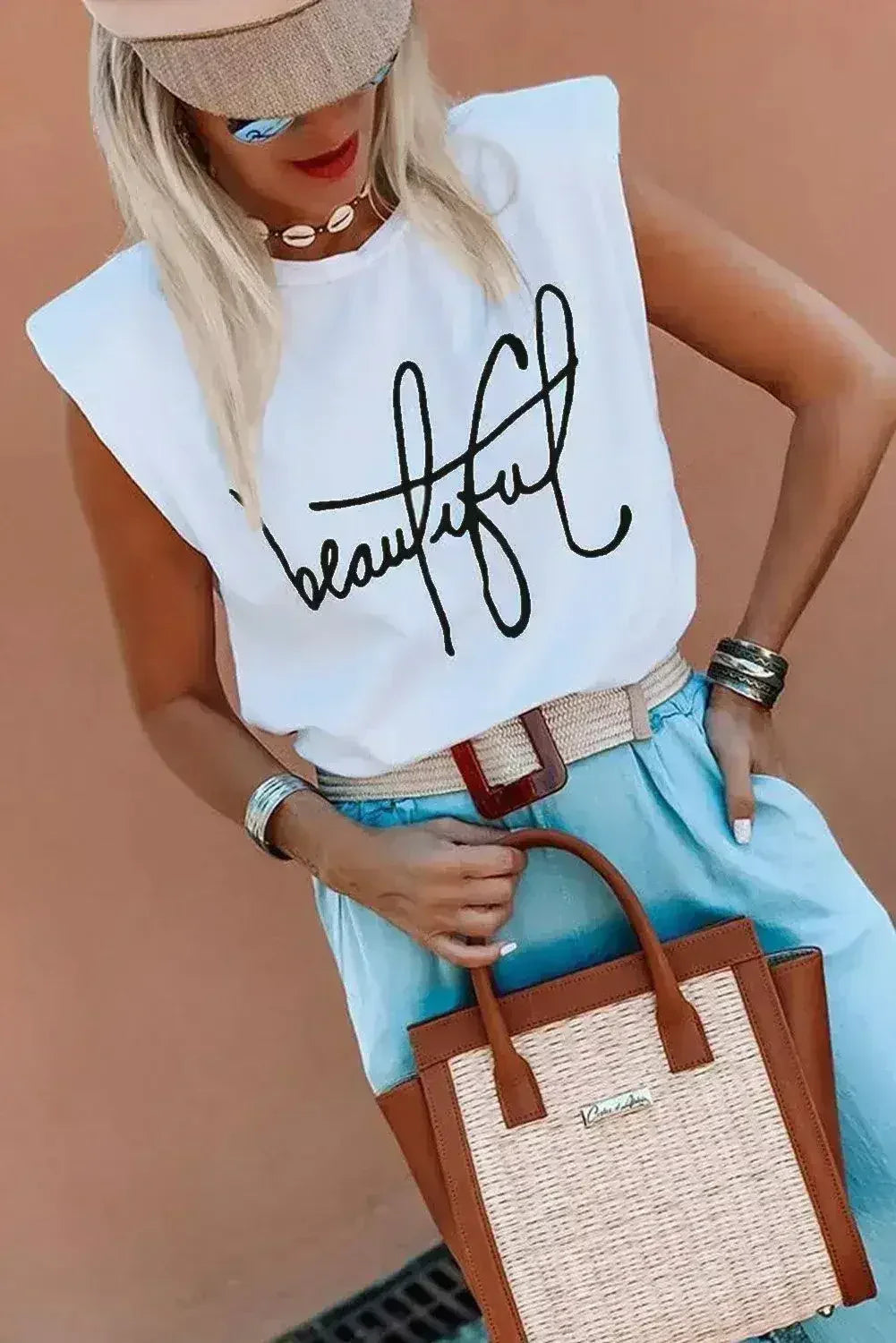 Padded Shoulder Letter Print Tank Top