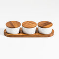 Ceramic Condiment Set With Acacia Wood Base 13in x 3.75in - 3 Bowls With Lids