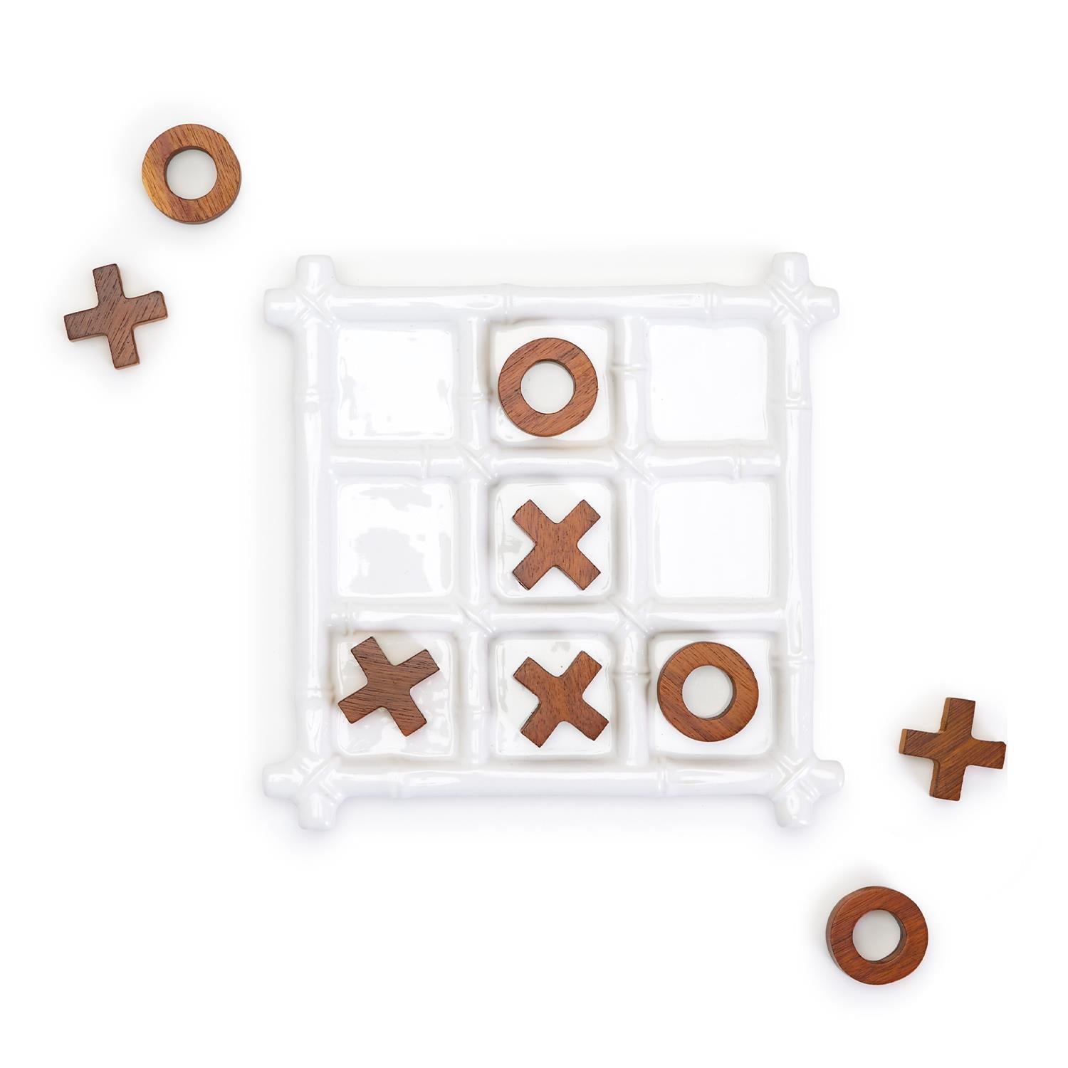 Ceramic Tic Tac Toe Game Faux Bamboo Board With Acacia Wood Pieces, Decor