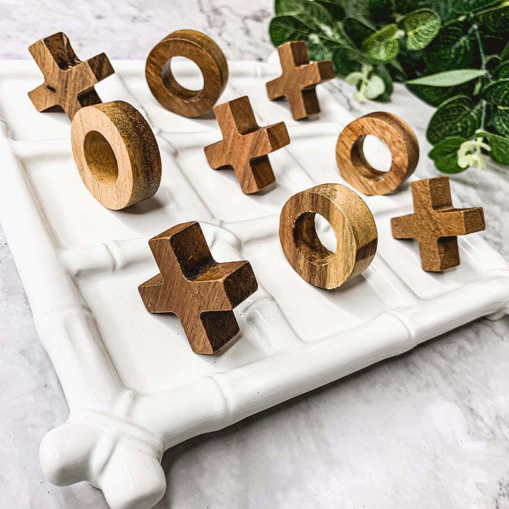 Ceramic Tic Tac Toe Game Faux Bamboo Board With Acacia Wood Pieces, Decor