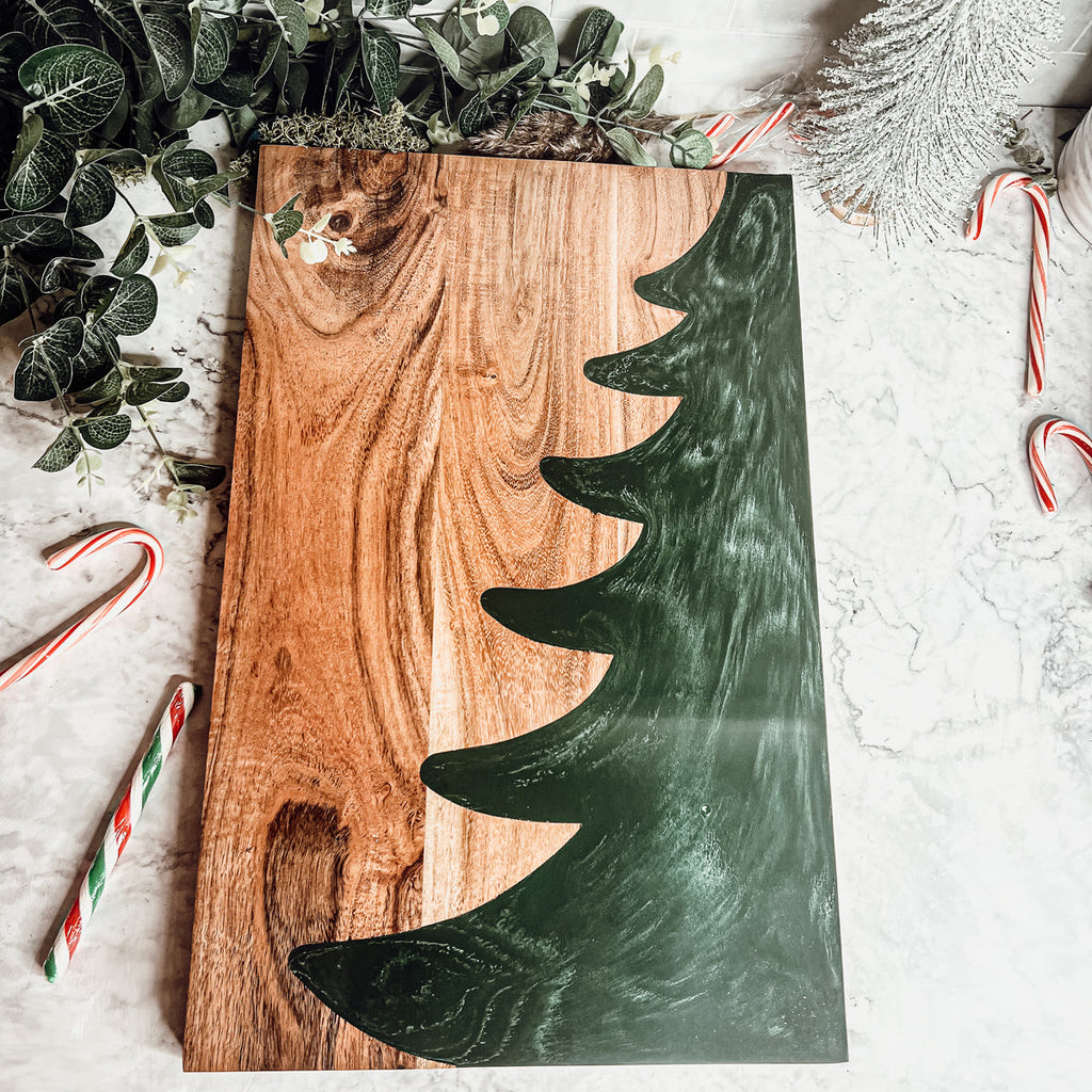 Christmas Charcuterie Serving Board Wood Resin Handcrafted Marbled Tree Inlay