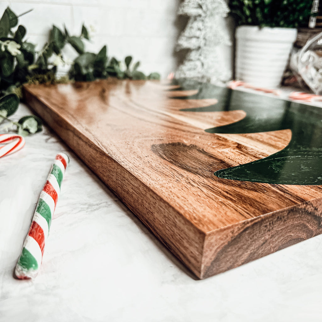 Christmas Charcuterie Serving Board Wood Resin Handcrafted Marbled Tree Inlay