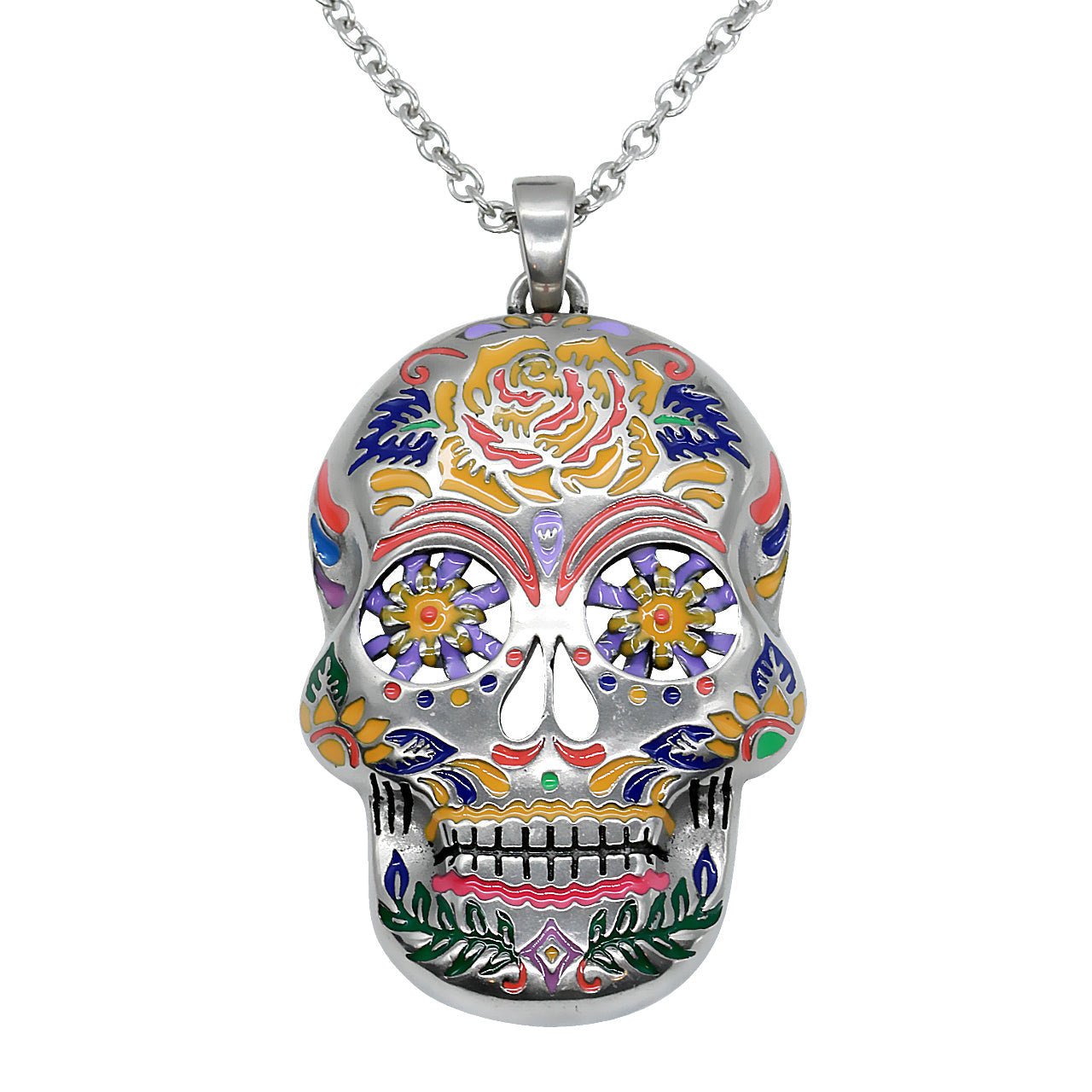 Colorful Floral Sugar Skull Pendant Necklace Day of Dead