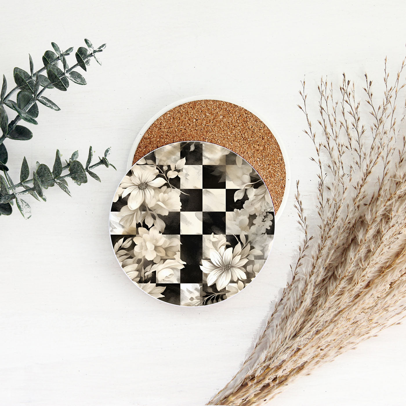 Spring Ceramic Coasters Set of 4 Courtly Check Designs Absorbent Drink Coasters for Table Protection