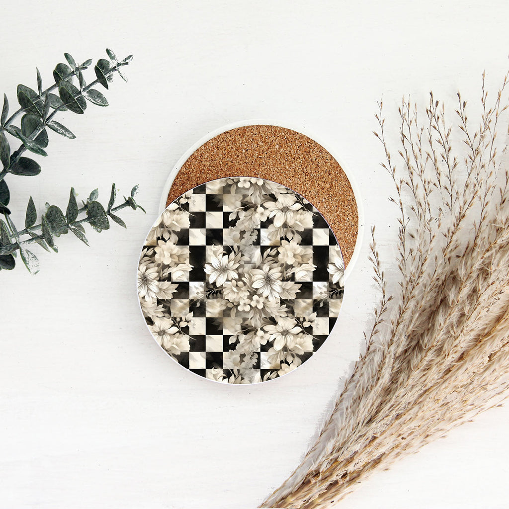 Spring Ceramic Coasters Set of 4 Courtly Check Designs Absorbent Drink Coasters for Table Protection