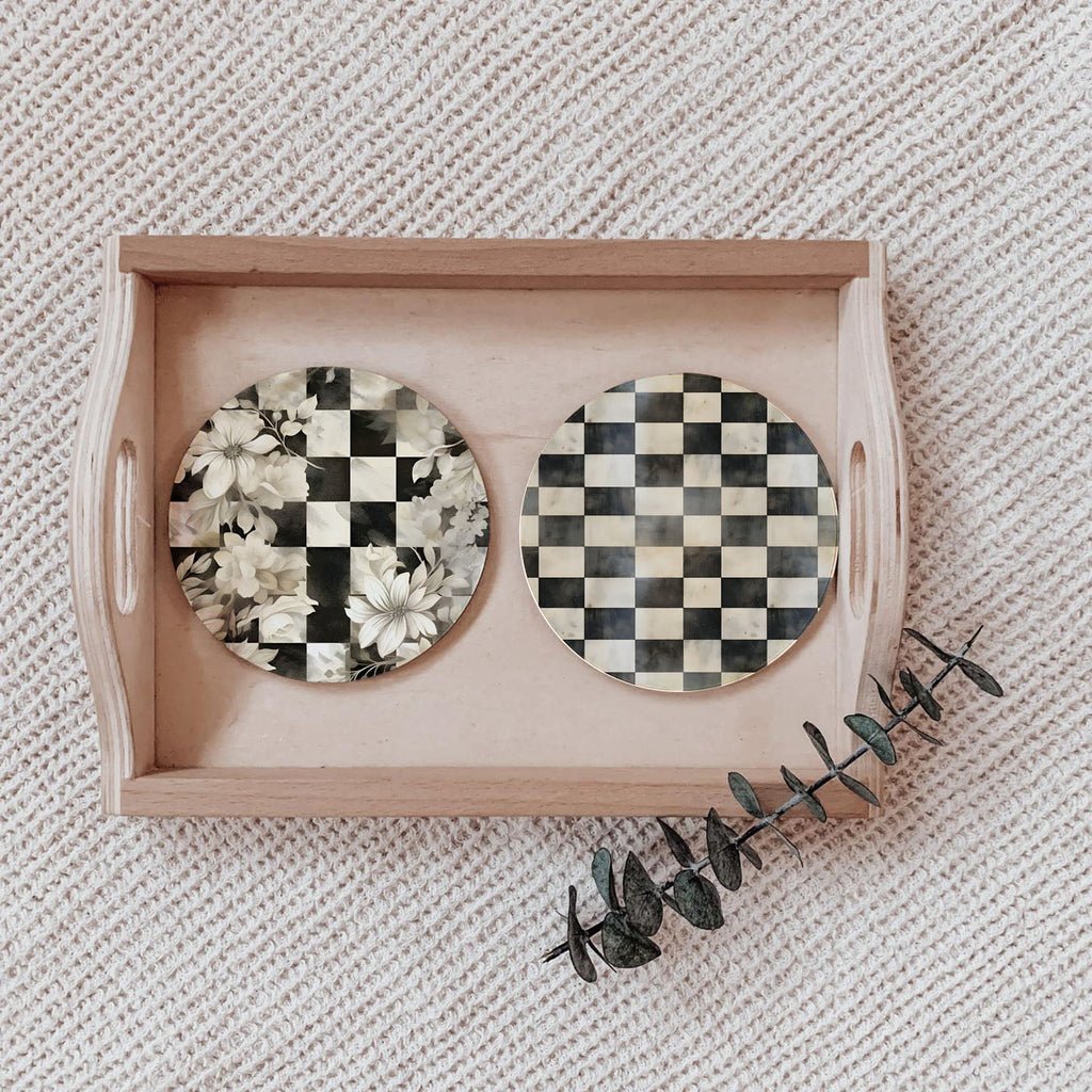 Spring Ceramic Coasters Set of 4 Courtly Check Designs Absorbent Drink Coasters for Table Protection