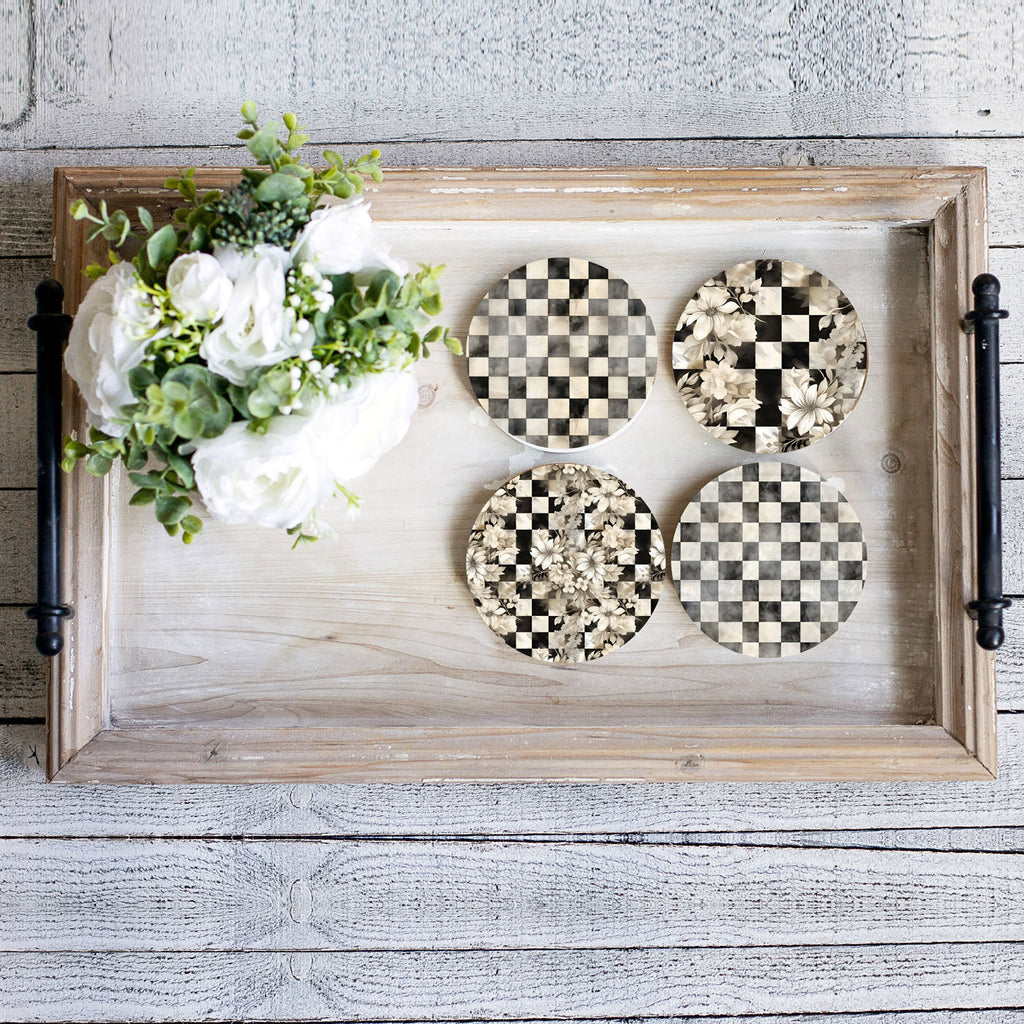Spring Ceramic Coasters Set of 4 Courtly Check Designs Absorbent Drink Coasters for Table Protection