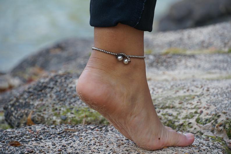 Black Boho Anklet Silver Beaded Adjustable Beach Jewelry