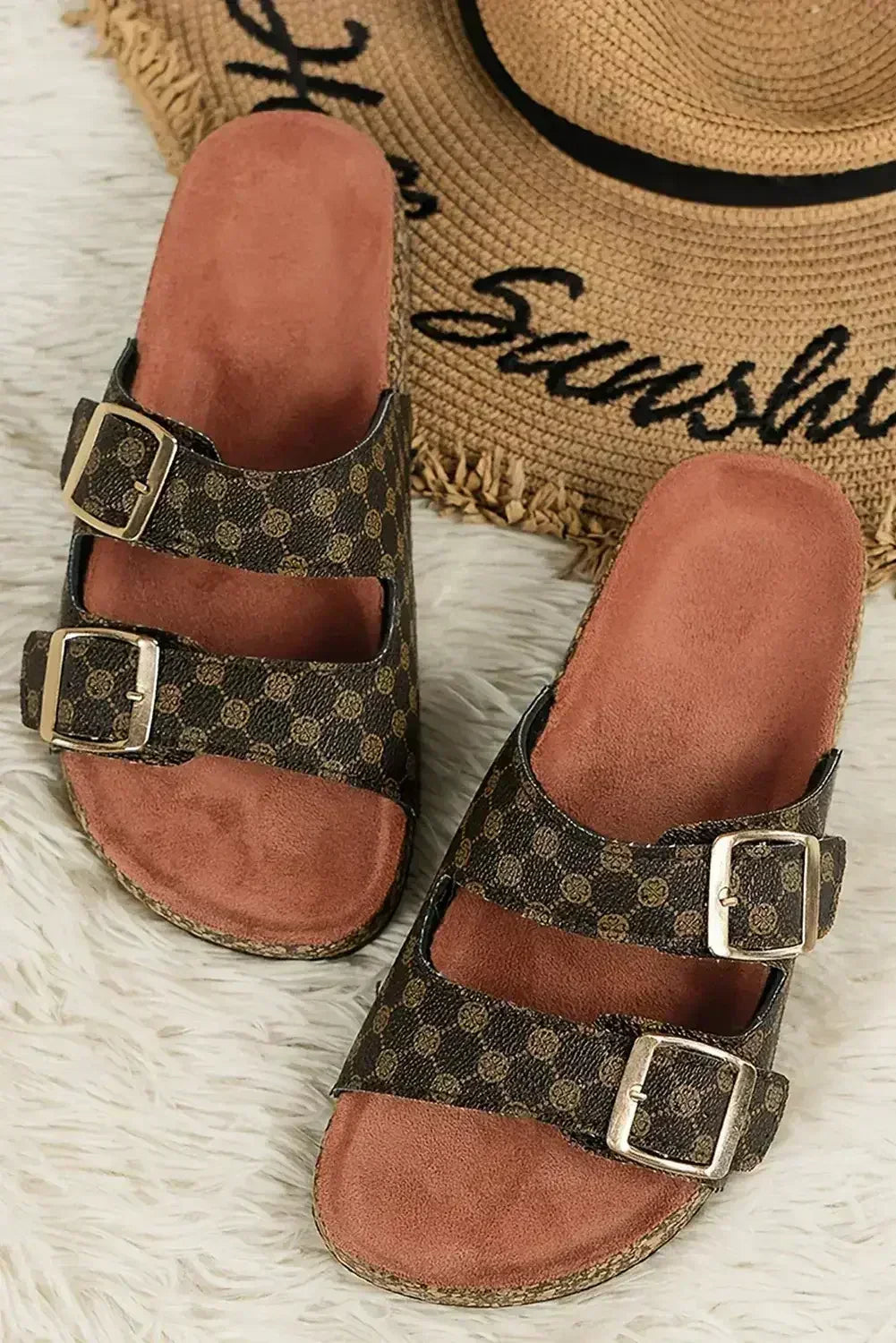 Coffee Vintage Double Buckle Comfortable Slippers