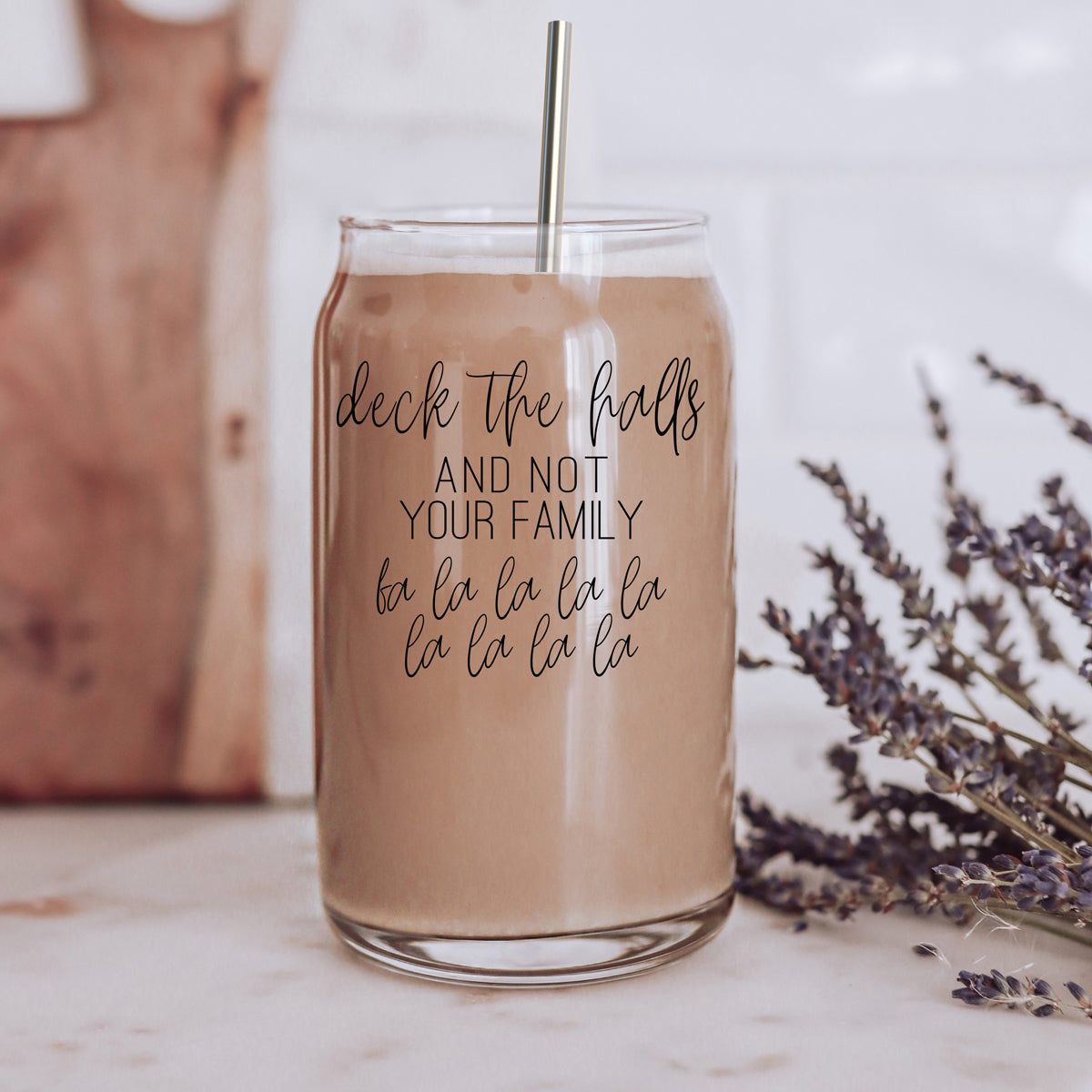 Deck The Halls 17oz Glass Tumbler With Bamboo Lid, Stainless Straws and Cleaner