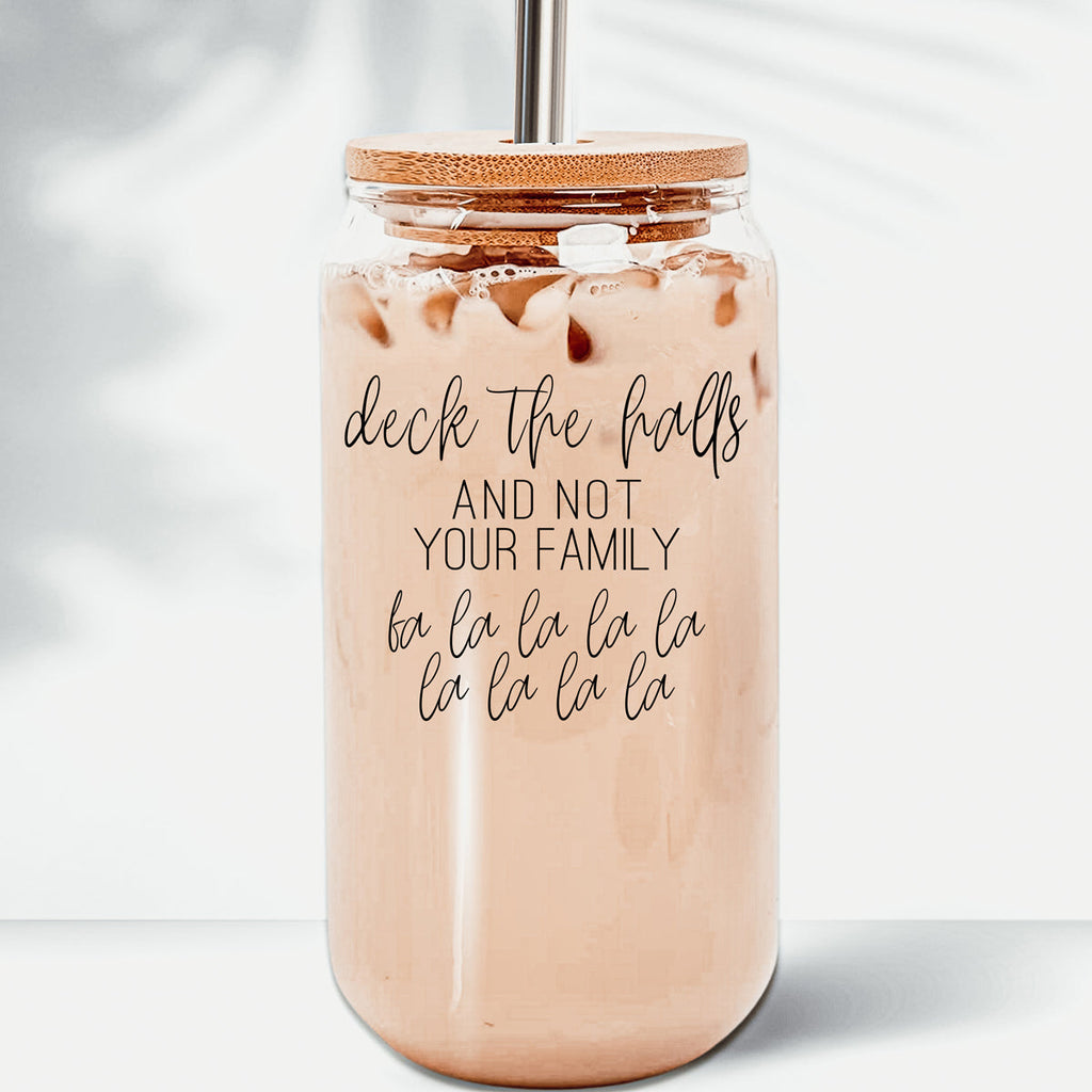 Deck The Halls 17oz Glass Tumbler With Bamboo Lid, Stainless Straws and Cleaner