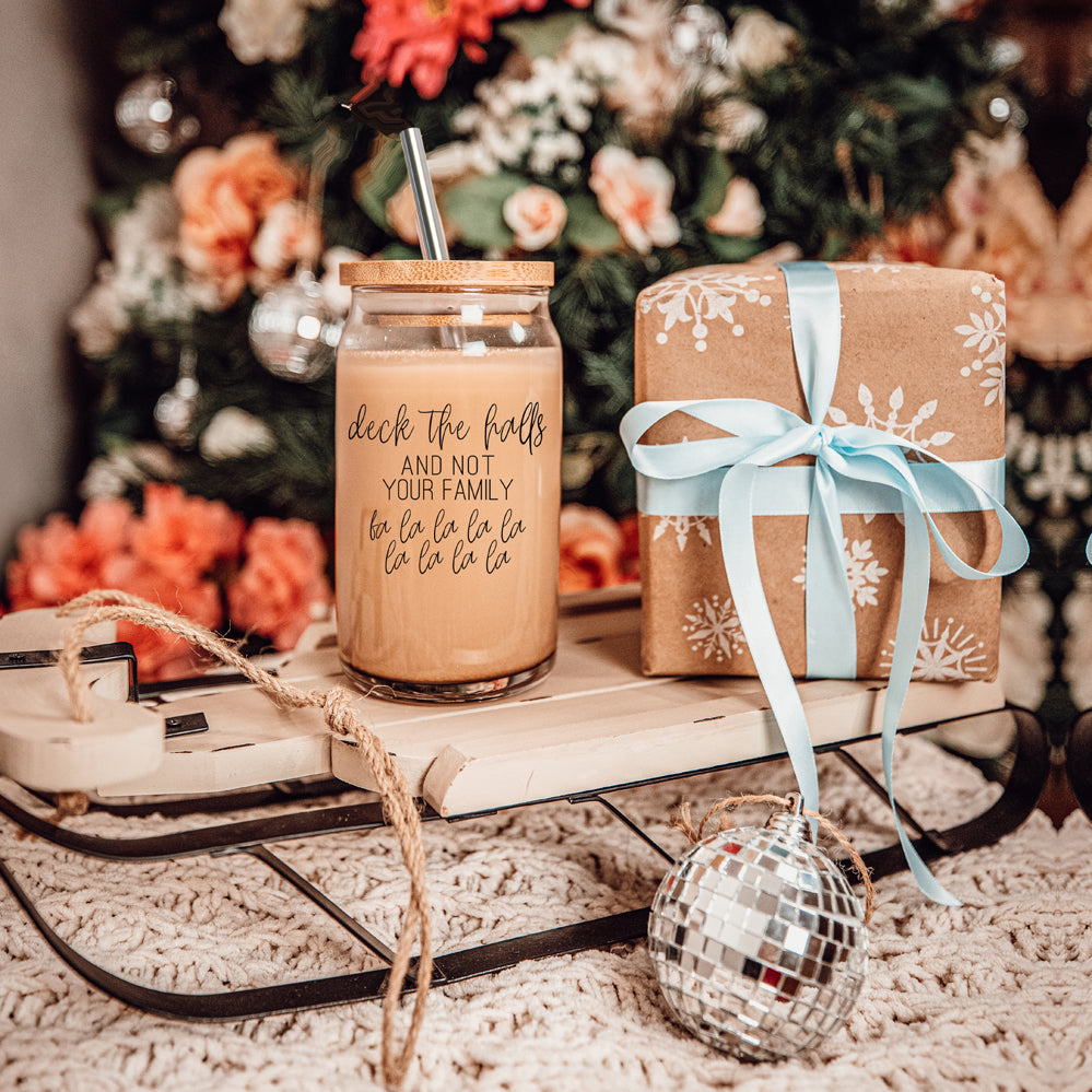 Deck The Halls 17oz Glass Tumbler With Bamboo Lid, Stainless Straws and Cleaner